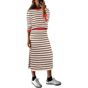 imageANRABESS 2 Piece Skirts Sets For Women Fall Fashion 2025 Striped Sweater Midi Dress Knit Lounge Travel Outfits Winter ClothesBeige Black Red
