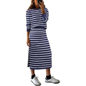 imageANRABESS 2 Piece Skirts Sets For Women Fall Fashion 2025 Striped Sweater Midi Dress Knit Lounge Travel Outfits Winter ClothesBlue White