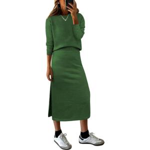 imageANRABESS 2 Piece Skirts Sets For Women Fall Fashion 2025 Striped Sweater Midi Dress Knit Lounge Travel Outfits Winter ClothesGreen