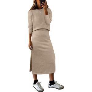 imageANRABESS 2 Piece Skirts Sets For Women Fall Fashion 2025 Striped Sweater Midi Dress Knit Lounge Travel Outfits Winter ClothesKhaki