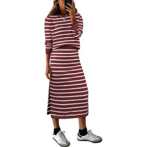 imageANRABESS 2 Piece Skirts Sets For Women Fall Fashion 2025 Striped Sweater Midi Dress Knit Lounge Travel Outfits Winter ClothesRed White