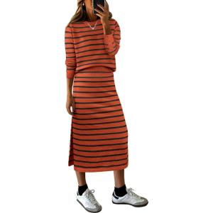 imageANRABESS 2 Piece Skirts Sets For Women Fall Fashion 2025 Striped Sweater Midi Dress Knit Lounge Travel Outfits Winter ClothesRust Red Black