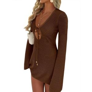 imageANRABESS Beach Cover Ups for Women Crochet Swimsuit Bathing Suit Swimwear Bikini Mesh Knit Dress 2025 Summer Vacation OutfitsBrown