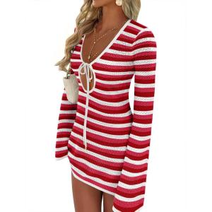 imageANRABESS Beach Cover Ups for Women Crochet Swimsuit Bathing Suit Swimwear Bikini Mesh Knit Dress 2025 Summer Vacation OutfitsRed White Stripe