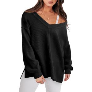 imageANRABESS Oversized Long Sleeve Shirts for Women Off the Shoulder Sweatshirt Loose V Neck Tunic Tops High Low Sweater 2025Black