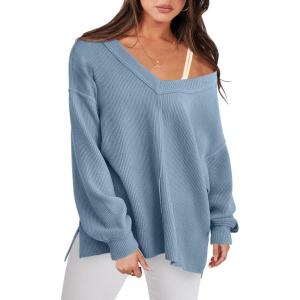 imageANRABESS Oversized Long Sleeve Shirts for Women Off the Shoulder Sweatshirt Loose V Neck Tunic Tops High Low Sweater 2025Blue