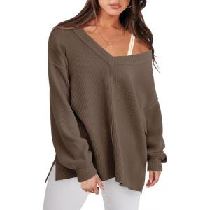 imageANRABESS Oversized Long Sleeve Shirts for Women Off the Shoulder Sweatshirt Loose V Neck Tunic Tops High Low Sweater 2025Brown