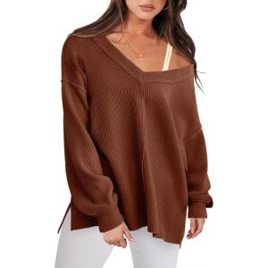 imageANRABESS Oversized Long Sleeve Shirts for Women Off the Shoulder Sweatshirt Loose V Neck Tunic Tops High Low Sweater 2025Caramel