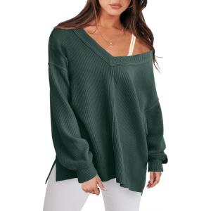 imageANRABESS Oversized Long Sleeve Shirts for Women Off the Shoulder Sweatshirt Loose V Neck Tunic Tops High Low Sweater 2025Dark Green
