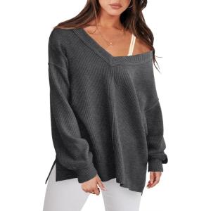 imageANRABESS Oversized Long Sleeve Shirts for Women Off the Shoulder Sweatshirt Loose V Neck Tunic Tops High Low Sweater 2025Dark Grey