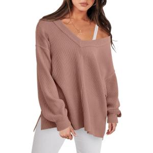 imageANRABESS Oversized Long Sleeve Shirts for Women Off the Shoulder Sweatshirt Loose V Neck Tunic Tops High Low Sweater 2025Deep Apricot