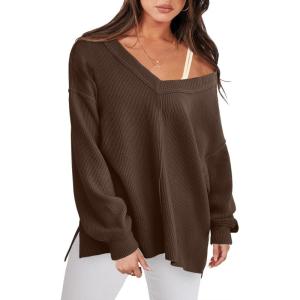 imageANRABESS Oversized Long Sleeve Shirts for Women Off the Shoulder Sweatshirt Loose V Neck Tunic Tops High Low Sweater 2025Deep Brown
