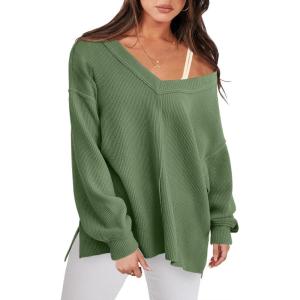 imageANRABESS Oversized Long Sleeve Shirts for Women Off the Shoulder Sweatshirt Loose V Neck Tunic Tops High Low Sweater 2025Green
