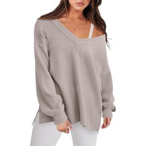 imageANRABESS Oversized Long Sleeve Shirts for Women Off the Shoulder Sweatshirt Loose V Neck Tunic Tops High Low Sweater 2025Grey Apricot