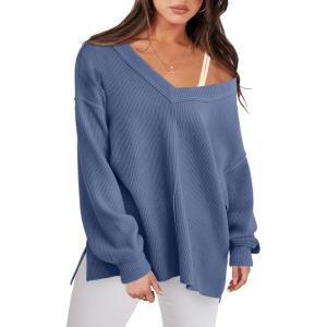imageANRABESS Oversized Long Sleeve Shirts for Women Off the Shoulder Sweatshirt Loose V Neck Tunic Tops High Low Sweater 2025Grey Blue