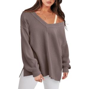 imageANRABESS Oversized Long Sleeve Shirts for Women Off the Shoulder Sweatshirt Loose V Neck Tunic Tops High Low Sweater 2025Light Brown