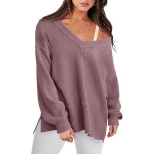 imageANRABESS Oversized Long Sleeve Shirts for Women Off the Shoulder Sweatshirt Loose V Neck Tunic Tops High Low Sweater 2025Light Purple