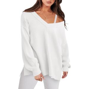 imageANRABESS Oversized Long Sleeve Shirts for Women Off the Shoulder Sweatshirt Loose V Neck Tunic Tops High Low Sweater 2025White