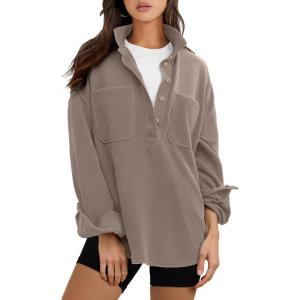 imageANRABESS Sweatshirt for Women Oversized Casual Long Sleeve Side Slit Button Lapel Polo Pullover Tunic Tops 2025 Fall OutfitsDark Khaki