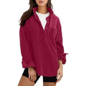 imageANRABESS Sweatshirt for Women Oversized Casual Long Sleeve Side Slit Button Lapel Polo Pullover Tunic Tops 2025 Fall OutfitsDark Red