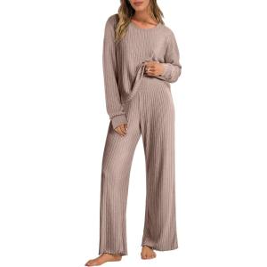 imageANRABESS Women 2 Piece Lounge Pajamas Sets Casual Ribbed Knit Long Sleeve Top Pants Matching Set 2025 Fall Outfits ClothesKhaki
