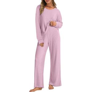 imageANRABESS Women 2 Piece Lounge Pajamas Sets Casual Ribbed Knit Long Sleeve Top Pants Matching Set 2025 Fall Outfits ClothesPink
