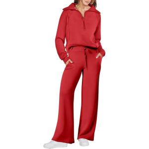 imageANRABESS Women 2 Piece Outfits 2025 Fall Fashion Airport Wide Leg Pants Lounge Set Leisure Travel Vacation Clothes SweatsuitsBright Red