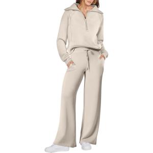 imageANRABESS Women 2 Piece Outfits 2025 Fall Fashion Airport Wide Leg Pants Lounge Set Leisure Travel Vacation Clothes SweatsuitsLight Khaki