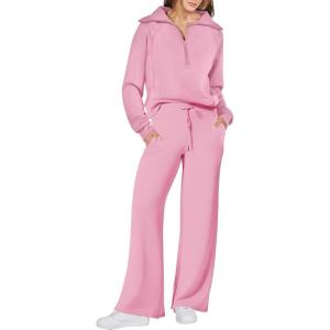 imageANRABESS Women 2 Piece Outfits 2025 Fall Fashion Airport Wide Leg Pants Lounge Set Leisure Travel Vacation Clothes SweatsuitsPink