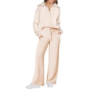 imageANRABESS Women 2 Piece Outfits 2025 Fall Fashion Airport Wide Leg Pants Lounge Set Leisure Travel Vacation Clothes SweatsuitsPink Apricot