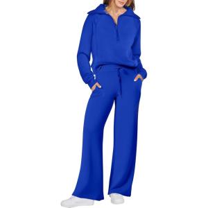 imageANRABESS Women 2 Piece Outfits 2025 Fall Fashion Airport Wide Leg Pants Lounge Set Leisure Travel Vacation Clothes SweatsuitsRoyal Blue