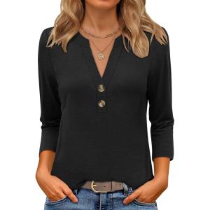 imageANRABESS Women 34 Length Sleeve Henley Tops V Neck Business Casual Work T Shirts Cute Travel Shirts 2025 Fall Trendy OutfitsBlack