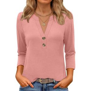 imageANRABESS Women 34 Length Sleeve Henley Tops V Neck Business Casual Work T Shirts Cute Travel Shirts 2025 Fall Trendy OutfitsCoral
