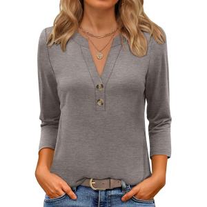 imageANRABESS Women 34 Length Sleeve Henley Tops V Neck Business Casual Work T Shirts Cute Travel Shirts 2025 Fall Trendy OutfitsLight Taupe