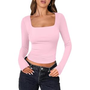 imageANRABESS Women Double Lined Long Sleeve Crop Tops Shirts Square Neck Tight Fitted Going Out TShirt Basic Tee Outfits 2025Light Pink