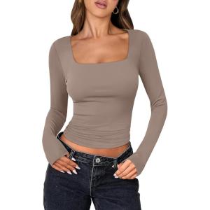 imageANRABESS Women Double Lined Long Sleeve Crop Tops Shirts Square Neck Tight Fitted Going Out TShirt Basic Tee Outfits 2025Light Tan Khaki