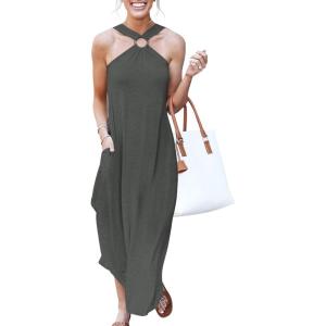 imageANRABESS Women Summer Halter Neck Sundress Sleeveless Split Side Casual Beach Travel Vacation Maxi Long Dress with PocketsGrey Black