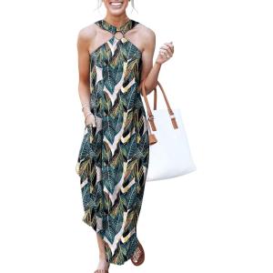 imageANRABESS Women Summer Halter Neck Sundress Sleeveless Split Side Casual Beach Travel Vacation Maxi Long Dress with PocketsLeaf