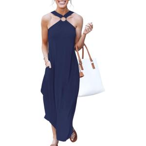 imageANRABESS Women Summer Halter Neck Sundress Sleeveless Split Side Casual Beach Travel Vacation Maxi Long Dress with PocketsNavy Blue