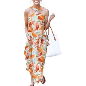 imageANRABESS Women Summer Halter Neck Sundress Sleeveless Split Side Casual Beach Travel Vacation Maxi Long Dress with PocketsPrint Orange