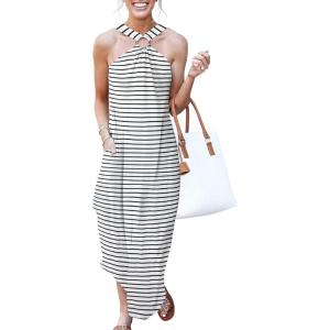 imageANRABESS Women Summer Halter Neck Sundress Sleeveless Split Side Casual Beach Travel Vacation Maxi Long Dress with PocketsStriped