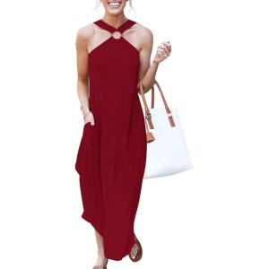 imageANRABESS Women Summer Halter Neck Sundress Sleeveless Split Side Casual Beach Travel Vacation Maxi Long Dress with PocketsWine Red