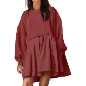 imageANRABESS Women Sweatshirts Dress Oversized Long Sleeve Patchwork Casual Loose Pleated Pullover Mini Dress Fall Outfits 2025Brick Red