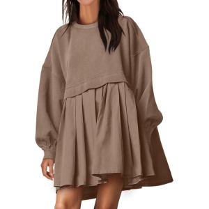 imageANRABESS Women Sweatshirts Dress Oversized Long Sleeve Patchwork Casual Loose Pleated Pullover Mini Dress Fall Outfits 2025Khaki