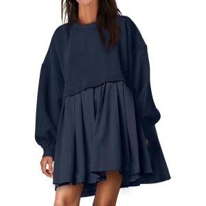 imageANRABESS Women Sweatshirts Dress Oversized Long Sleeve Patchwork Casual Loose Pleated Pullover Mini Dress Fall Outfits 2025Navy Blue