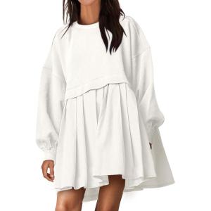 imageANRABESS Women Sweatshirts Dress Oversized Long Sleeve Patchwork Casual Loose Pleated Pullover Mini Dress Fall Outfits 2025White