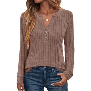 imageANRABESS Womens Long Sleeve Henley Shirts 2025 Fall Tunic Tops Ribbed Knit Lightweight Sweaters Dressy Casual Blouse OutfitsBrown