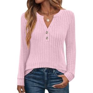 imageANRABESS Womens Long Sleeve Henley Shirts 2025 Fall Tunic Tops Ribbed Knit Lightweight Sweaters Dressy Casual Blouse OutfitsPink