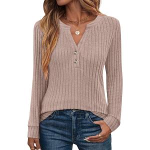imageANRABESS Womens Long Sleeve Henley Shirts 2025 Fall Tunic Tops Ribbed Knit Lightweight Sweaters Dressy Casual Blouse OutfitsTan