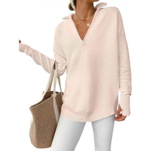 imageANRABESS Womens Long Sleeve Quarter Zip Pullover Sweater Casual Loose V Neck Collared Ribbed Knit Jumper Tops Thumb HoleAlmond